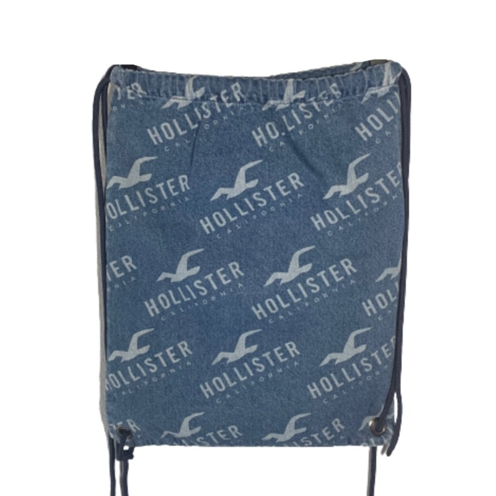 Hollister Denim Print Seagull Logo Drawstring Backpack Bag - Y2K Beach Cinch